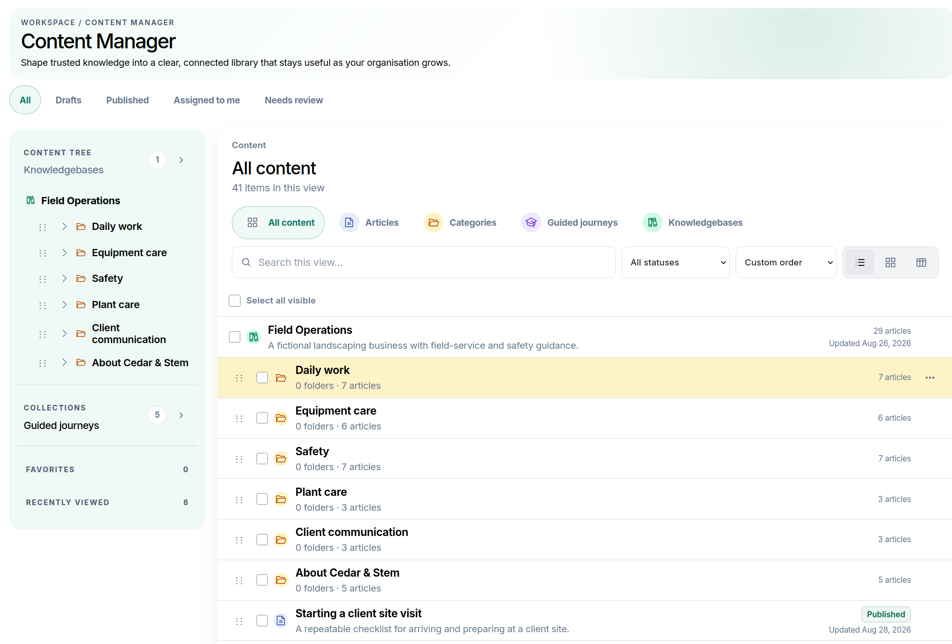 Content Manager showing the high-resolution content tree and complete knowledge library
