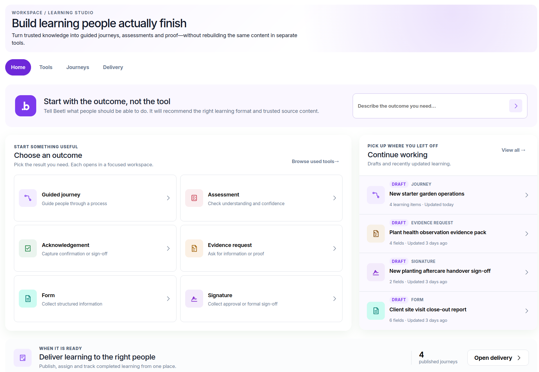Learning Studio overview with journeys, tools and delivery status