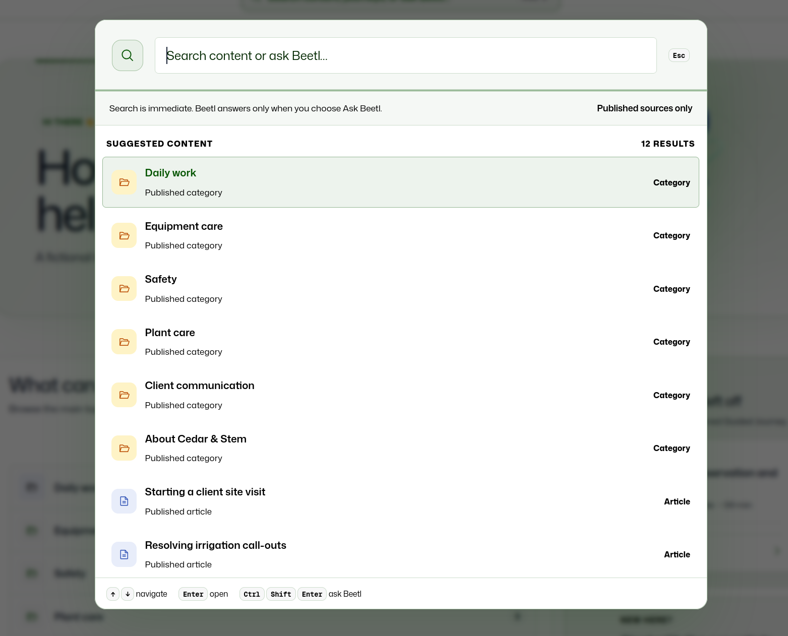 Reader portal search showing published content suggestions and Ask Beetl