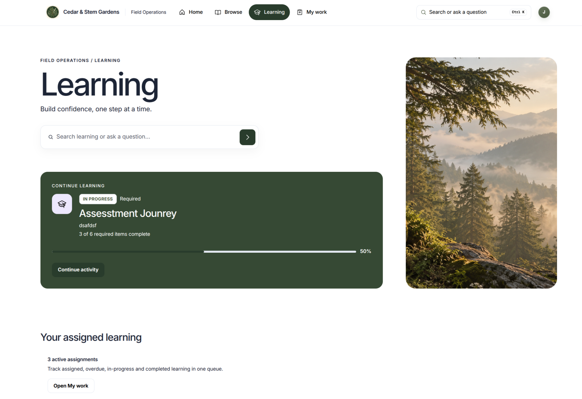 Cedar & Stem learning home with search, saved learning progress and assigned learning