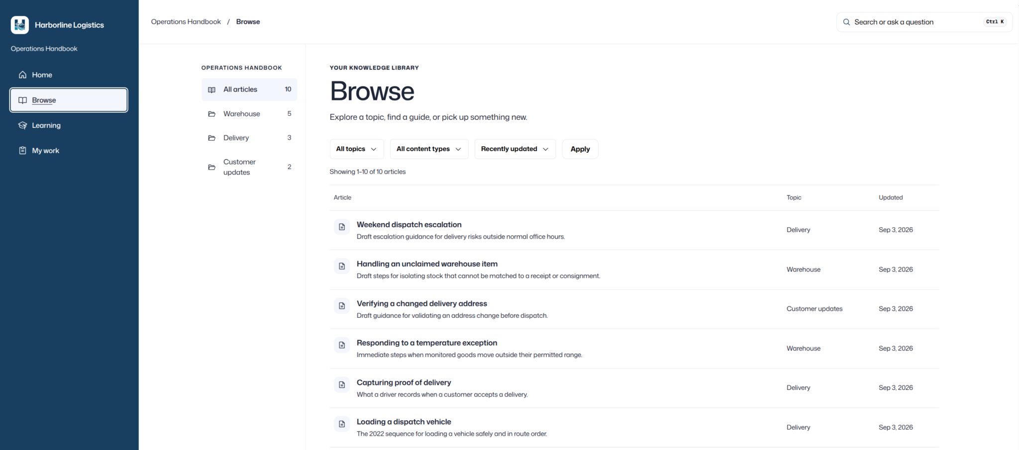 Harborline Logistics demo Reader showing searchable Operations Handbook articles and topics