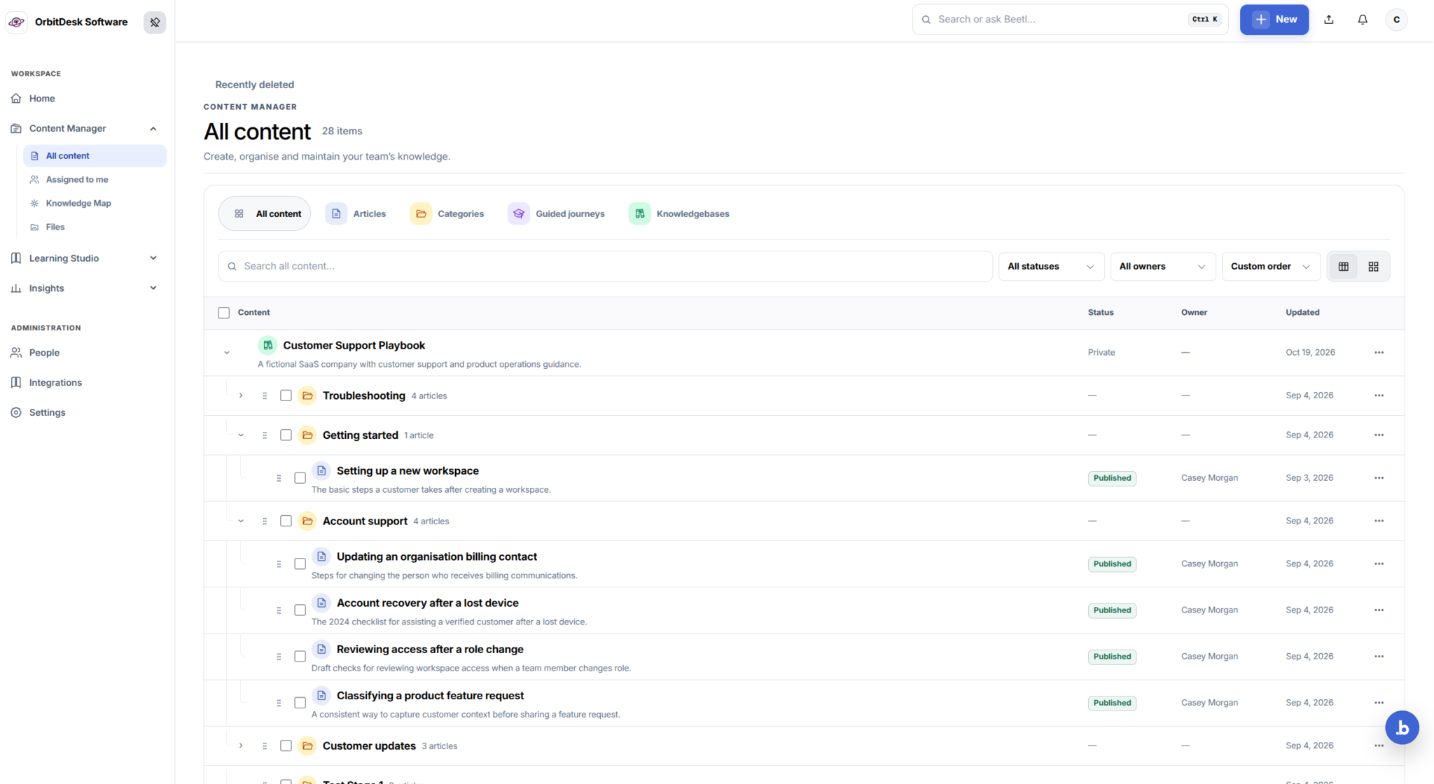 OrbitDesk Software demo in Beetl Content Manager showing organised knowledgebases, categories and published articles