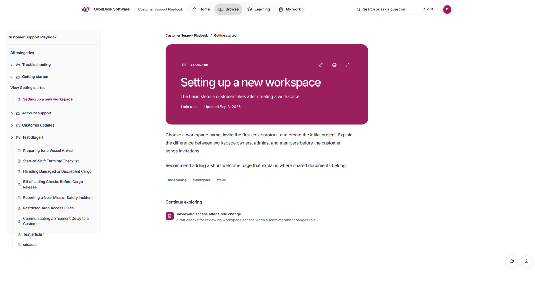 OrbitDesk Software demo Reader showing Setting up a new workspace with related guidance